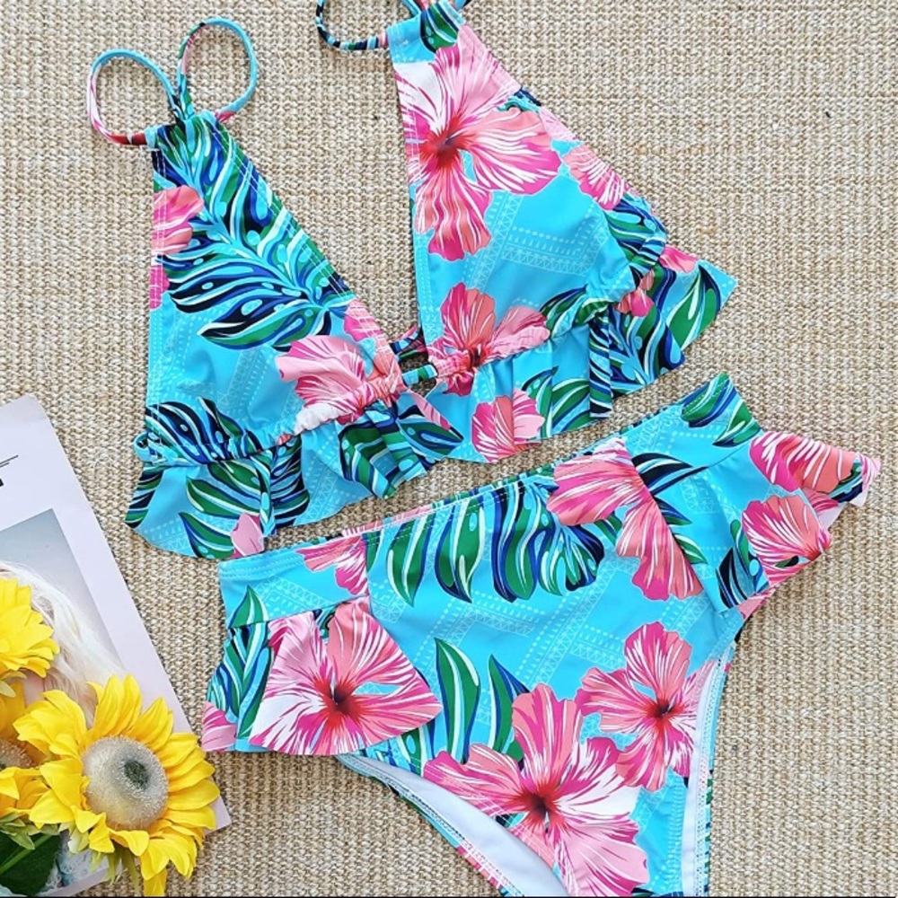 High Waist Ruffle Bikini Aqua Pink Palm Print M/L - Picture 2 of 6